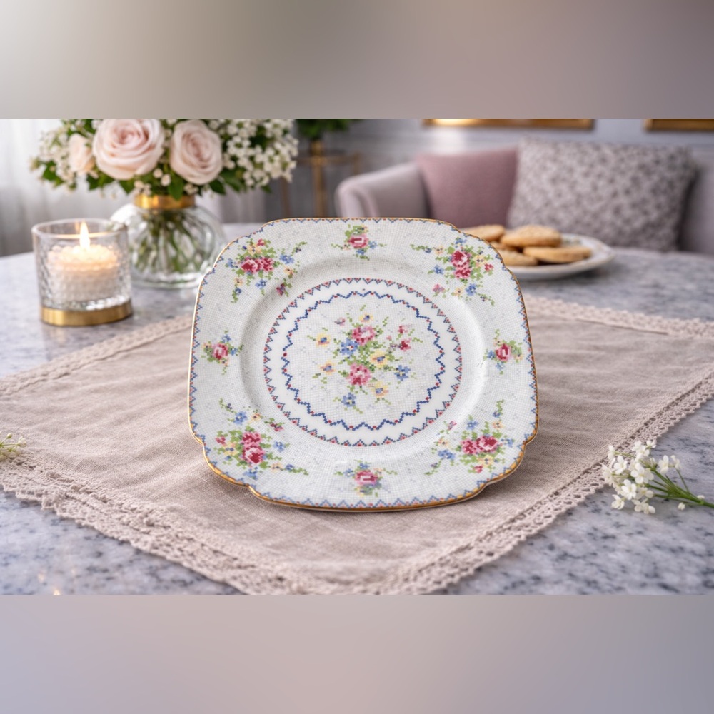 Royal Albert “Petit Point” Floral Salad Plate – Gold Trim | Bone China England
